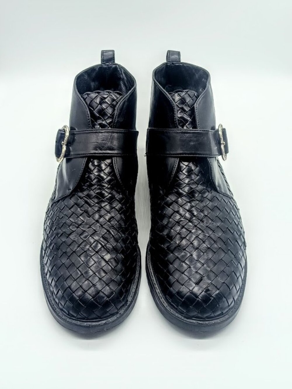 Brighton Krista Black Leather Woven Ankle Boots